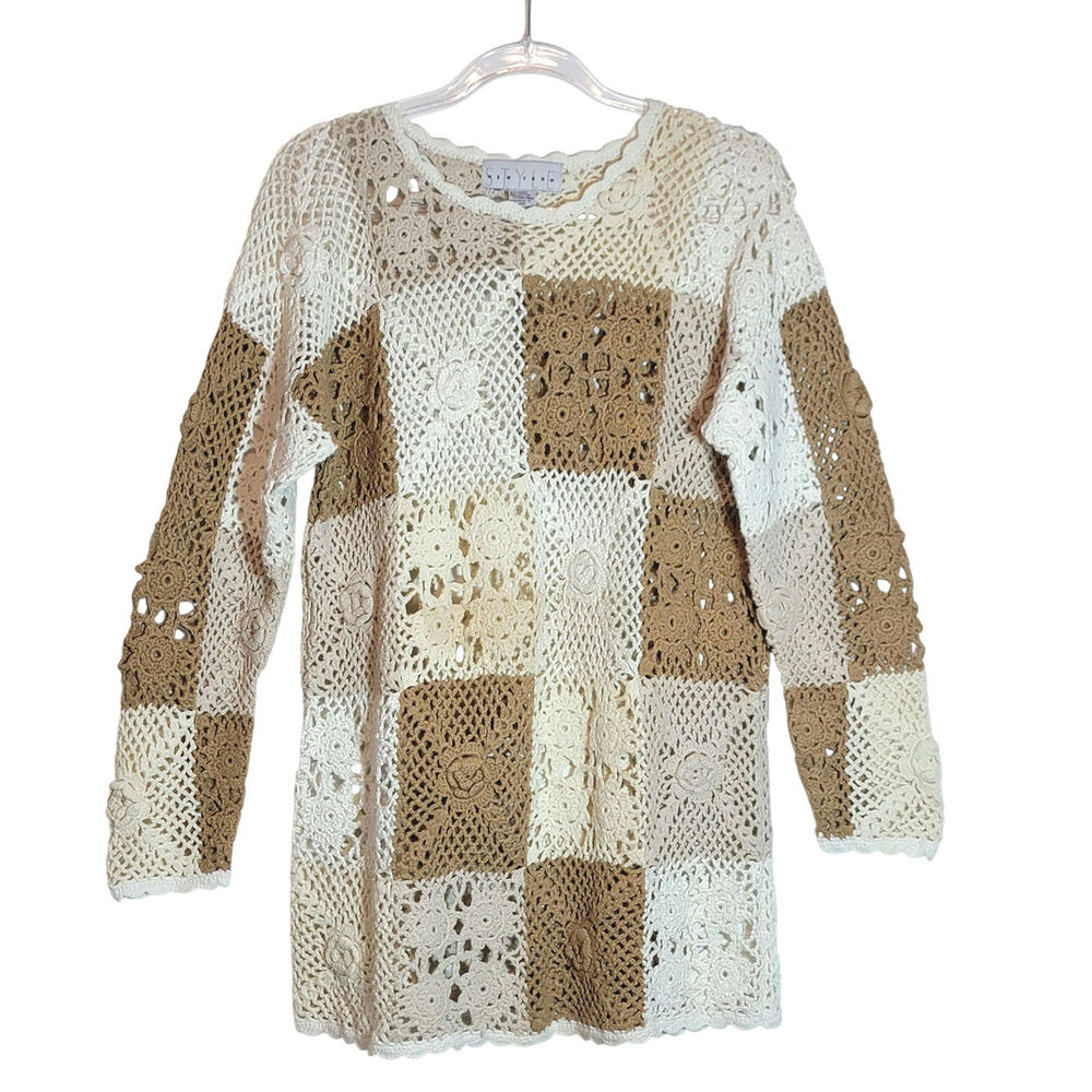 STYLE New York Crochet Tunic Sweater Long Sleeve Boho Casual Beige S Summer